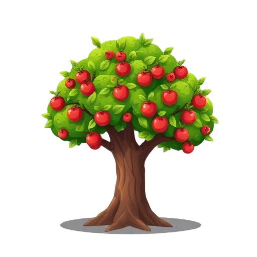 tree with apples, brown trunk and green leaves