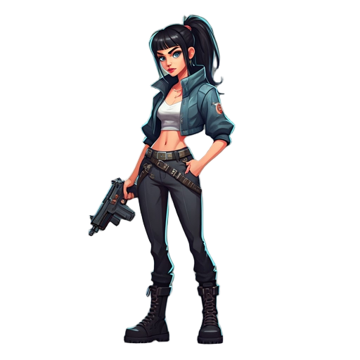 urban-styled female, 16 years, athletic build, fierce blue eyes, black hair in ponytail with bangs, cute urban outfit, fitted pants, belts, combat boots, futuristic thick handgun, confident pose.