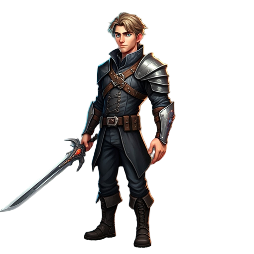 3d model of a heroic male, 20s, intense blue eyes, messy blonde hair, dark tactical fantasy attire, belts, metal pauldron, armored boots, carries futuristic ornate sword, calm determined look.