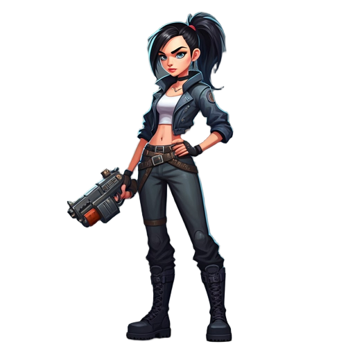 urban-styled female, 16 years, athletic build, fierce blue eyes, black hair in ponytail with bangs, cute urban outfit, fitted pants, belts, combat boots, futuristic thick handgun, confident pose.