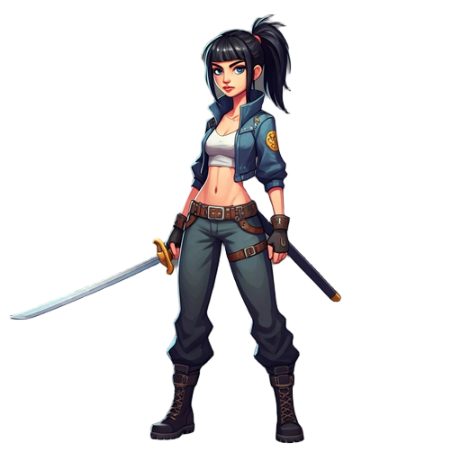 urban-styled female, 16 years, athletic build, fierce blue eyes, black hair in ponytail with bangs, cute urban outfit, fitted pants, belts, combat boots, sleek sword, confident pose.