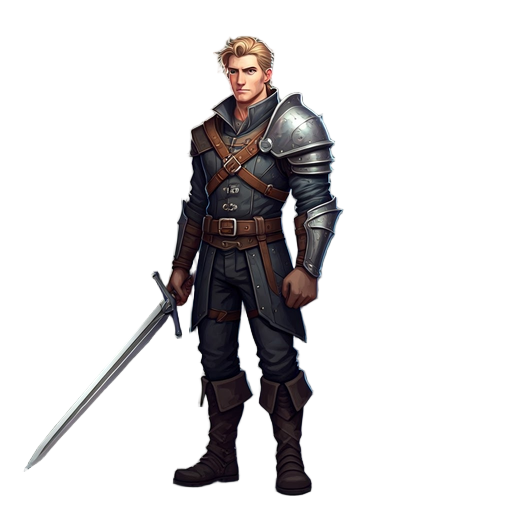 heroic male, 20s, intense blue eyes, messy blonde hair, dark tactical fantasy attire, belts, metal pauldron, armored boots, carries long greatsword, calm determined look.