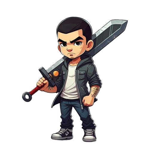mini urban eminem male character with badass design wielding greatsword as big as body