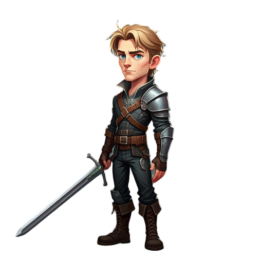 heroic male, 20s, intense blue eyes, messy blonde hair, dark tactical fantasy attire, belts, metal pauldron, armored boots, carries long greatsword, t pose, calm determined look.