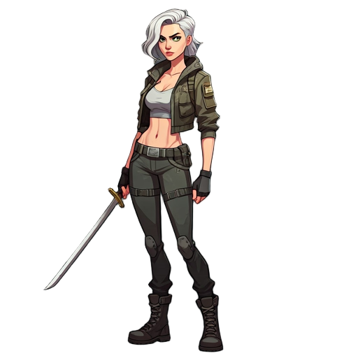 urban-styled female, early 20s, athletic build, fierce green eyes, tousled shoulder length platinum blonde hair cropped tactical jacket, fitted pants, belts, combat boots, sleek sword, confident pose.