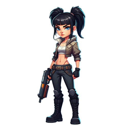 urban-styled female, 16 years, athletic build, fierce blue eyes, black hair in ponytail with bangs, cute urban outfit, fitted pants, belts, combat boots, futuristic thick handgun, confident pose.