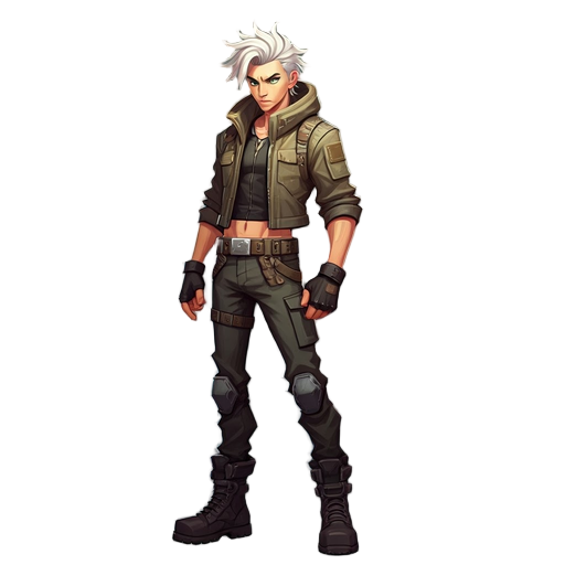 urban-styled male, early 20s, athletic build, fierce green eyes, tousled shoulder length platinum blonde hair cropped tactical jacket, fitted pants, belts, combat boots, sleek sword, confident pose.