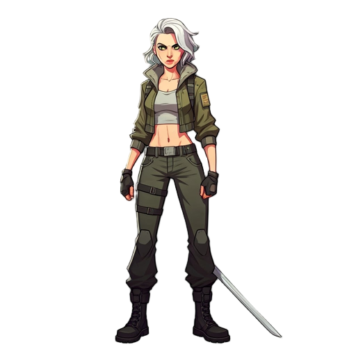 urban-styled female, early 20s, athletic build, fierce green eyes, tousled shoulder length platinum blonde hair cropped tactical jacket, fitted pants, belts, combat boots, sleek sword, confident pose.