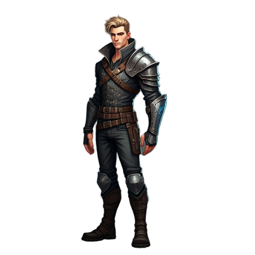 3d model of a heroic male, 20s, athletic build, intense blue eyes, messy blonde hair, dark tactical fantasy attire, belts, metal pauldron, armored boots, futuristic ornate sword, calm determined look.