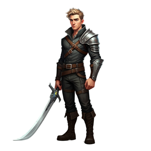 heroic male, 20s, intense blue eyes, messy blonde hair, dark tactical fantasy attire, belts, metal pauldron, armored boots, carries futuristic ornate sword, calm determined look.