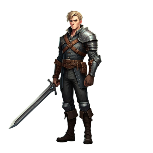 heroic male, 20s, intense blue eyes, messy blonde hair, dark tactical fantasy attire, belts, metal pauldron, armored boots, carries long greatsword, calm determined look.