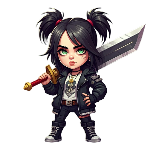 mini urban billie eilish female character with badass design wielding greatsword as big as body