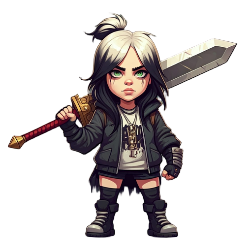 mini urban billie eilish female character with badass design wielding greatsword as big as body
