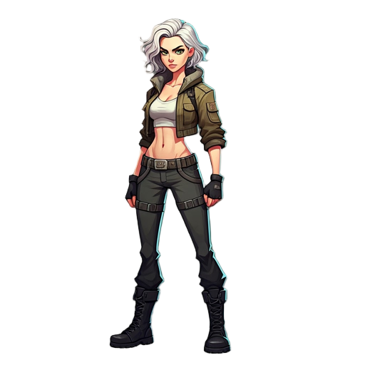 urban-styled female, early 20s, athletic build, fierce green eyes, tousled shoulder length platinum blonde hair cropped tactical jacket, fitted pants, belts, combat boots, sleek sword, confident pose.