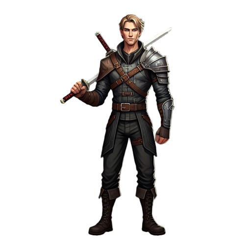 heroic male, 20s, intense blue eyes, messy blonde hair, dark tactical fantasy attire, belts, metal pauldron, armored boots, carries nodachi sword, calm determined look.