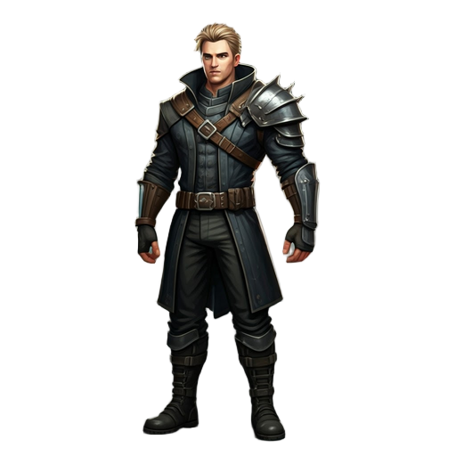 3d model of a heroic male, 20s, athletic build, intense blue eyes, messy blonde hair, dark tactical fantasy attire, belts, metal pauldron, armored boots, futuristic ornate sword, calm determined look.
