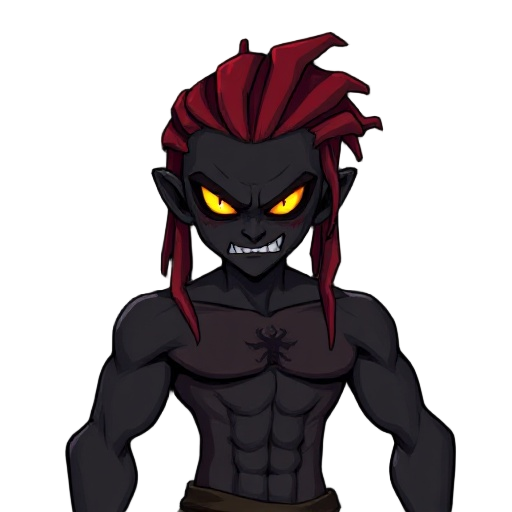 sprite pixelblack male with red dreads and no shirt on and he has yellow glowing eyes. he has scar on his chest and a red tell he’s evil villain that’s a trouble some