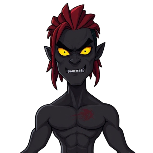 black male with red dreads and no shirt on and he has yellow glowing eyes. he has scar on his chest and a red tell he’s evil villain that’s a trouble some