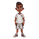desenhe um personagem anão, com cerca de 1 metro de altura, pele morena escura, careca com pouco cabelo nas laterais, corpo compacto e forte, aparência ágil e energética. ele veste uma camisa de futeb