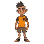 desenhe um personagem anão, com cerca de 1 metro de altura, pele morena escura, careca com pouco cabelo nas laterais, corpo compacto e forte, aparência ágil e energética. ele veste uma camisa de futeb