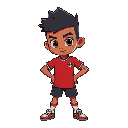 desenhe um personagem anão, com cerca de 1 metro de altura, pele morena escura, careca com pouco cabelo nas laterais, corpo compacto e forte, aparência ágil e energética. ele veste uma camisa de futeb