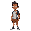 desenhe um personagem anão, com cerca de 1 metro de altura, pele morena escura, careca com pouco cabelo nas laterais, corpo compacto e forte, aparência ágil e energética. ele veste uma camisa de futeb
