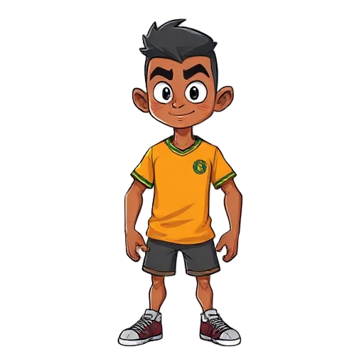 desenhe um personagem anão, com cerca de 1 metro de altura, pele morena escura, careca com pouco cabelo nas laterais, corpo compacto e forte, aparência ágil e energética. ele veste uma camisa de futeb
