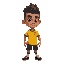 desenhe um personagem anão, com cerca de 1 metro de altura, pele morena escura, careca com pouco cabelo nas laterais, corpo compacto e forte, aparência ágil e energética. ele veste uma camisa de futeb