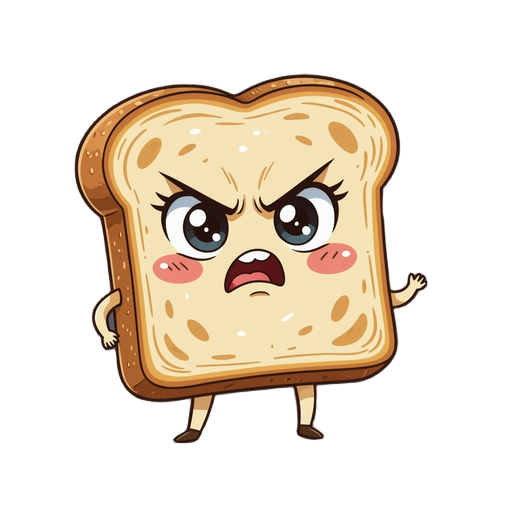 una rebanada de pan antropomorfa con mejillas rojas, cejas fruncidas y expresión enojada. tiene ojos grandes y brillantes, y pequeñas patas. fondo negro. estilo caricaturesco chibi.
