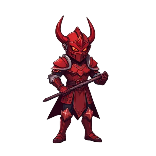 crimson colored, full body armored and wears evil looking helmet knight that holds long weapon, e.g. spear. also he has aura, also makes him like he is armor build in hell. for animation breathe → swi