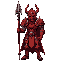 crimson colored, full body armored and wears evil looking helmet knight that holds long weapon, e.g. spear. also he has aura, also makes him like he is armor build in hell.