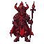 crimson colored, full body armored and wears evil looking helmet knight that holds long weapon, e.g. spear. also he has aura, also makes him like he is armor build in hell.