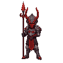 crimson colored, full body armored and wears evil looking helmet knight that holds long weapon, e.g. spear. also he has aura, also makes him like he is armor build in hell.