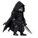 skaven nightrunner from warhammer fantasy in a sneaky pose, side view. should wear a black cape and hood and a knife should be visible on his belt.