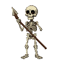 2d sprite skeleton with a rusty spear. skeletons bones should be discolored slightly yellow in patches.