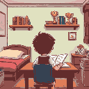 a room with a bed, a study table at which a child is studying, two shelves with books and trophies. she has her back to the scene and we can only see her flipping through the pages of its notebook.