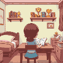 a room with a bed, a study table at which a little girl is studying, two shelves with books and trophies. she has her back to the scene, we can only see her flipping through the pages of its notebook