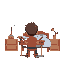 a room with a bed, a study table at which a child is studying, two shelves with books and trophies. it has its back to the scene and we can only see it flipping through the pages of its notebook.