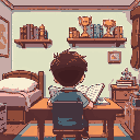 a room with a bed, a study table at which a child is studying, two shelves with books and trophies. it has its back to the scene and we can only see it flipping through the pages of its notebook.