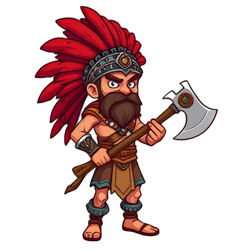 create an indian warrior, with a two-handed axe and an imposing red headdress, which is the starting position of the first sprite to walk.