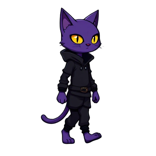 a purple humanoid feline character with yellow cat-like eyes, wearing a black stealthy outfit with simple details. the character is facing to the right side, in a walking or standing pose like a rogue