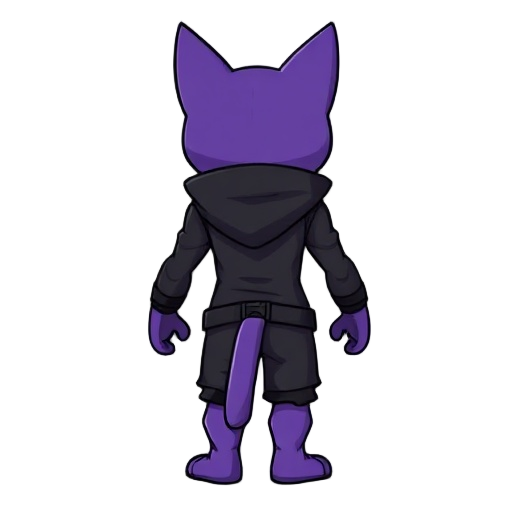 a purple humanoid feline character with yellow cat-like eyes, wearing a black stealthy outfit with simple details. the character is facing backward, showing the back of the head and outfit, in a stand