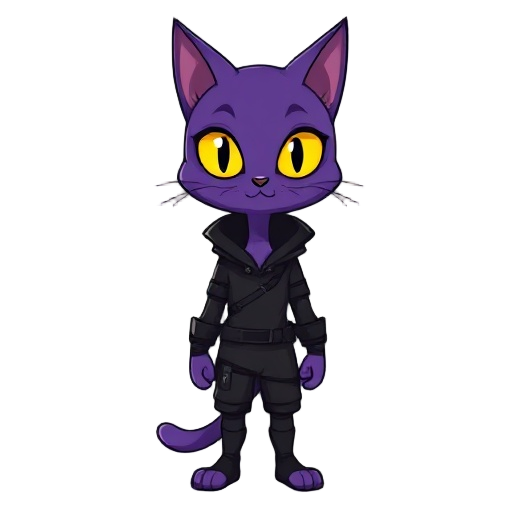 a purple feline humanoid character with yellow cat-like eyes, wearing a black stealthy outfit with simple elegant details.