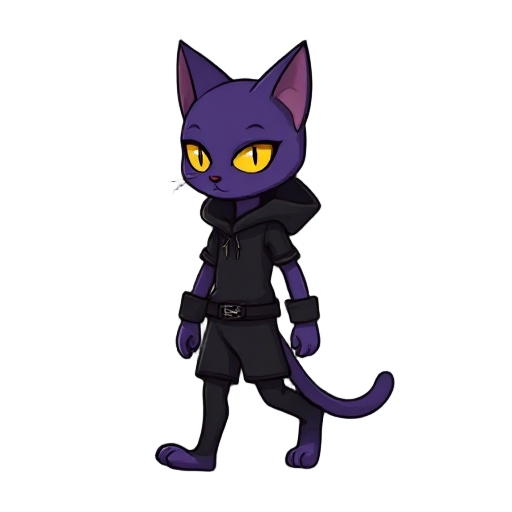 a purple humanoid feline character with yellow cat-like eyes, wearing a black stealthy outfit with simple details. the character is facing to the left side, in a walking or standing pose like a rogue