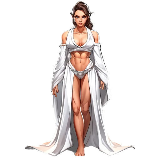 female with idealized toned muscular proportions wearing a white fantasy robe