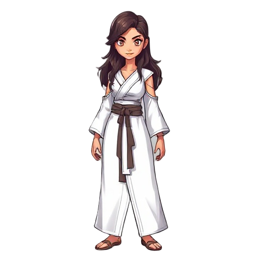 female with idealized toned muscular proportions wearing a white fantasy robe