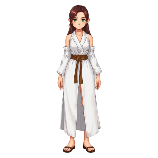 female with idealized toned muscular proportions wearing a white fantasy robe