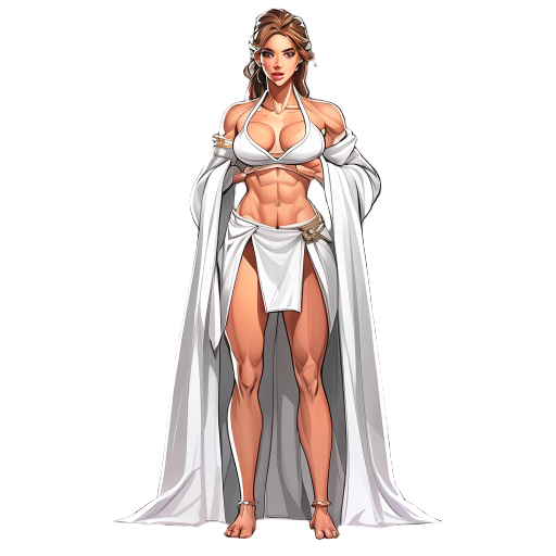 female with idealized toned muscular proportions wearing a white fantasy robe