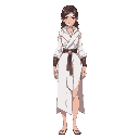 female with idealized toned muscular proportions wearing a white fantasy robe