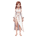 female with idealized toned muscular proportions wearing a white fantasy robe